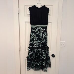 Three floor Black and Green Lace Dress